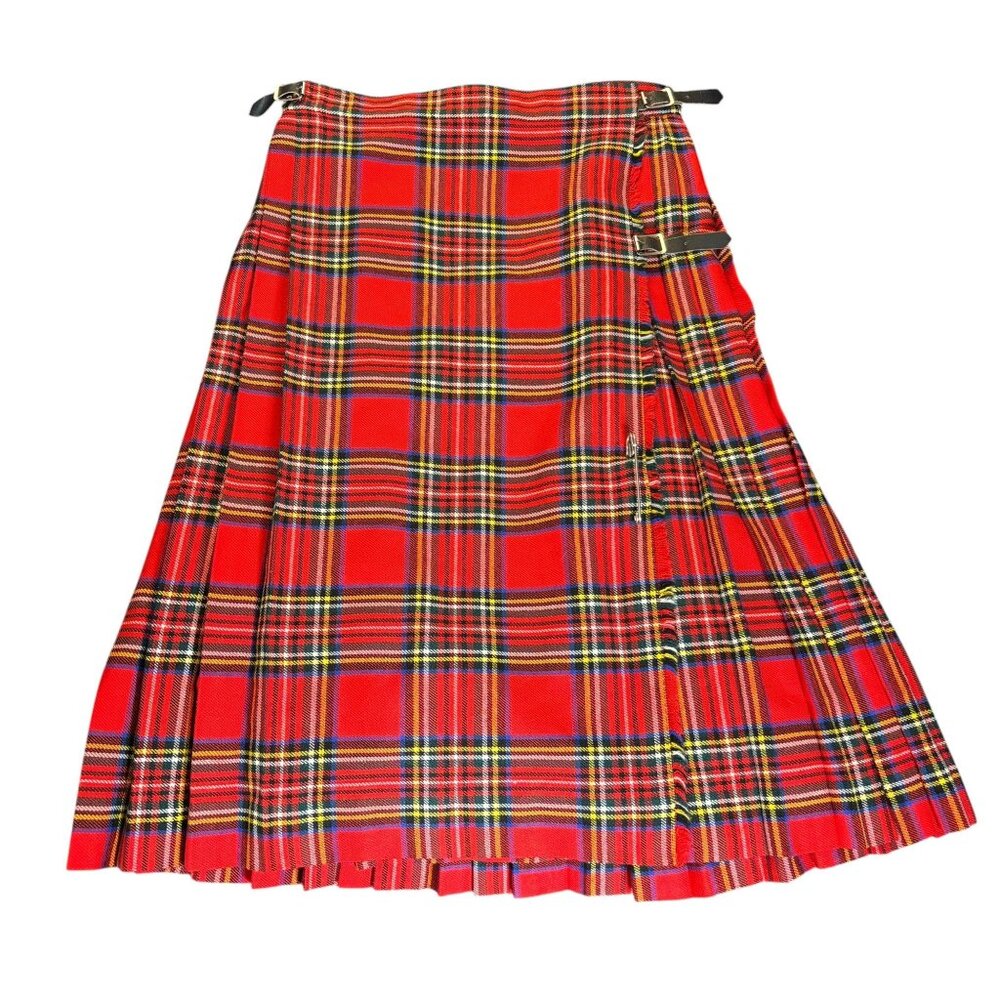 Wool Blend Pleated Kilt Skirt Adjustable Buckle Straps Med Red Tartan Plaid